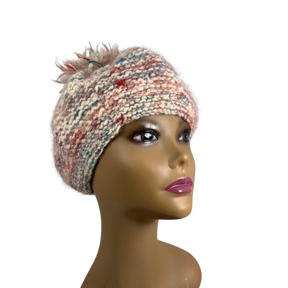 Hand-Knitted Multicolor Pink Wool Blend Beanie w/ Pom PomStretch Fit Womens OS - Picture 1 of 8